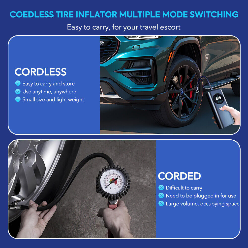 8000mAh Cordless Electric Car Tire Inflator with LCD Display 12V Portable Air Compressor Pump