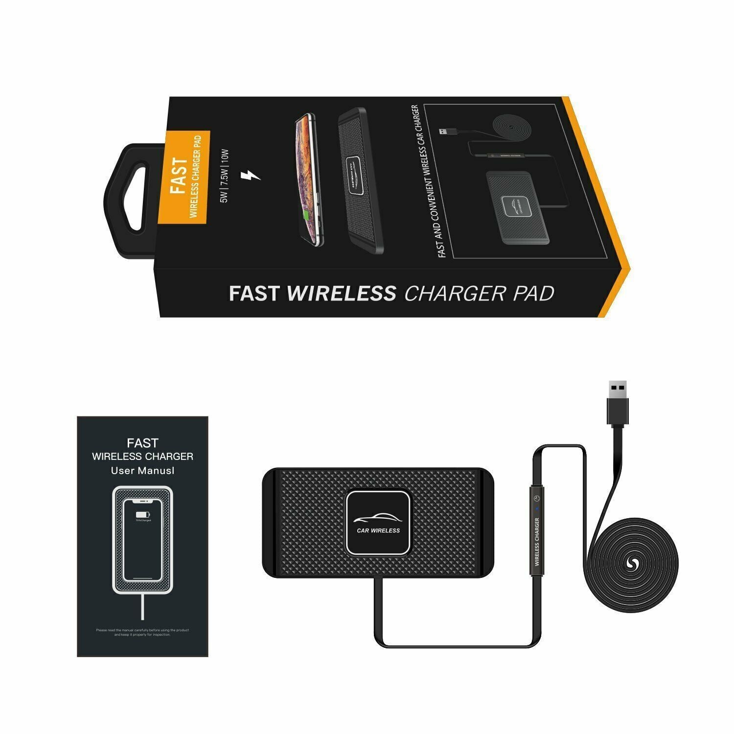 Car Wireless Fast Charging Mat with Non-Slip Pad for Smartphones